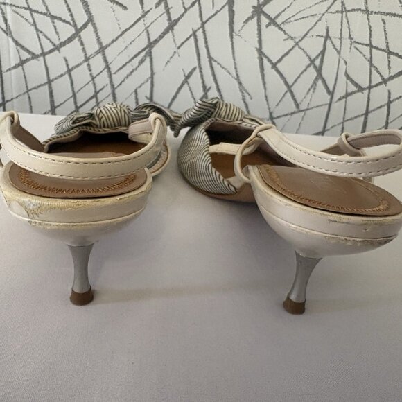 ZARA Slingback Striped Bow Pointed Toe Heels Ivory Fabric - Picture 5 of 8
